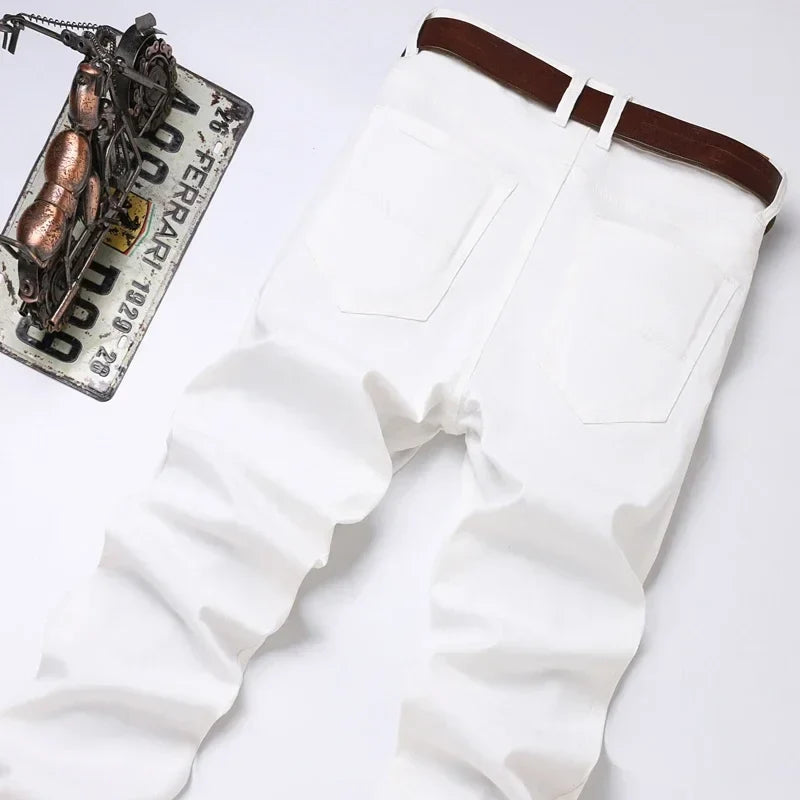White Jeans Men's Fashion Straight Elastic Cotton Denim Pants Spring Autumn All-match Business Casual Trousers Male Clothes