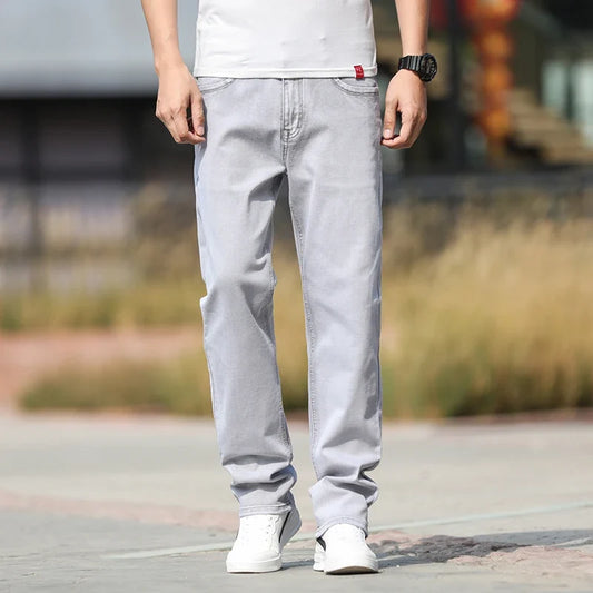 2026 Summer Brand New Men's Straight Loose Thin Jeans Simple Casual Clothing Lightweight Cotton Stretch Light Grey Jeans