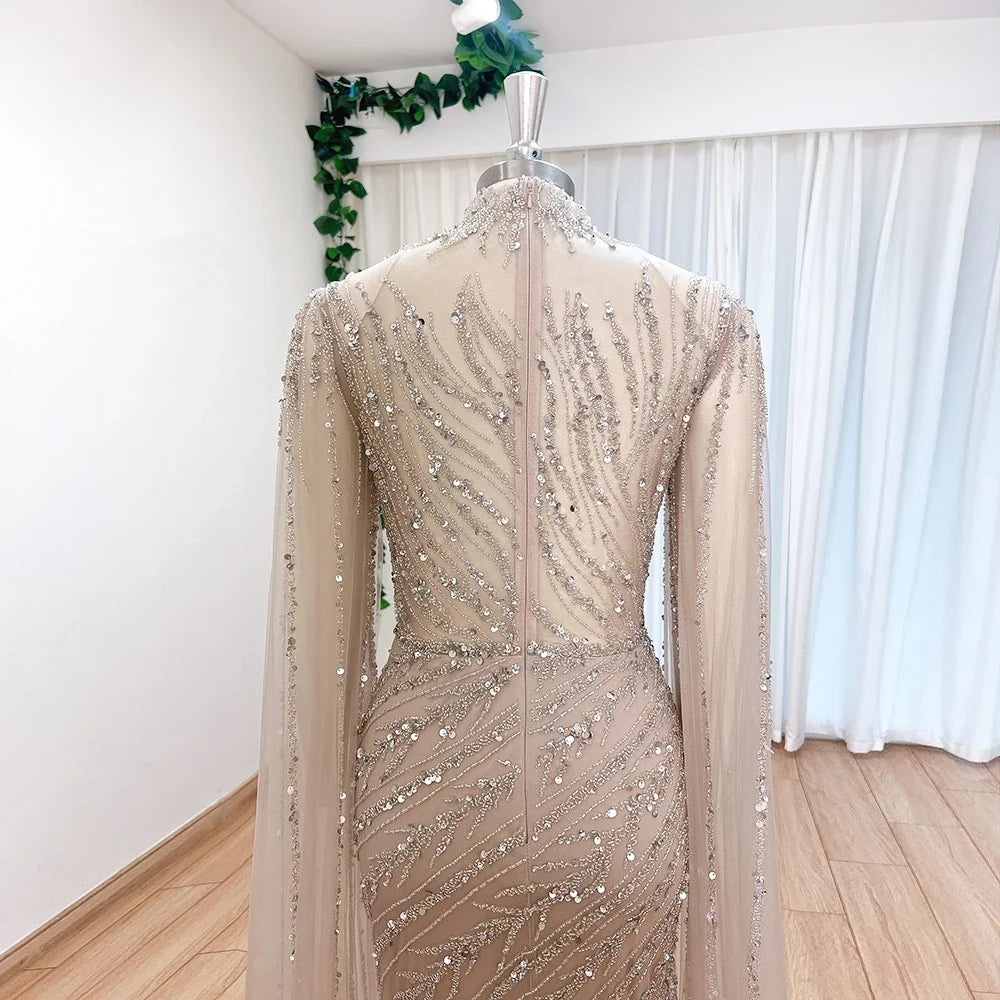 Luxury Beaded Evening Dress Cape Sleeve Dubai Sheer Neck Mermaid Formal Prom Wedding Party Gown Customized 2026