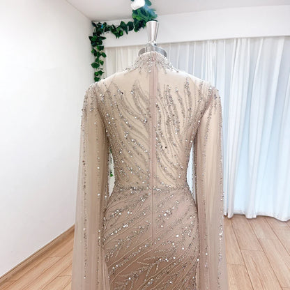 Luxury Beaded Evening Dress Cape Sleeve Dubai Sheer Neck Mermaid Formal Prom Wedding Party Gown Customized 2026