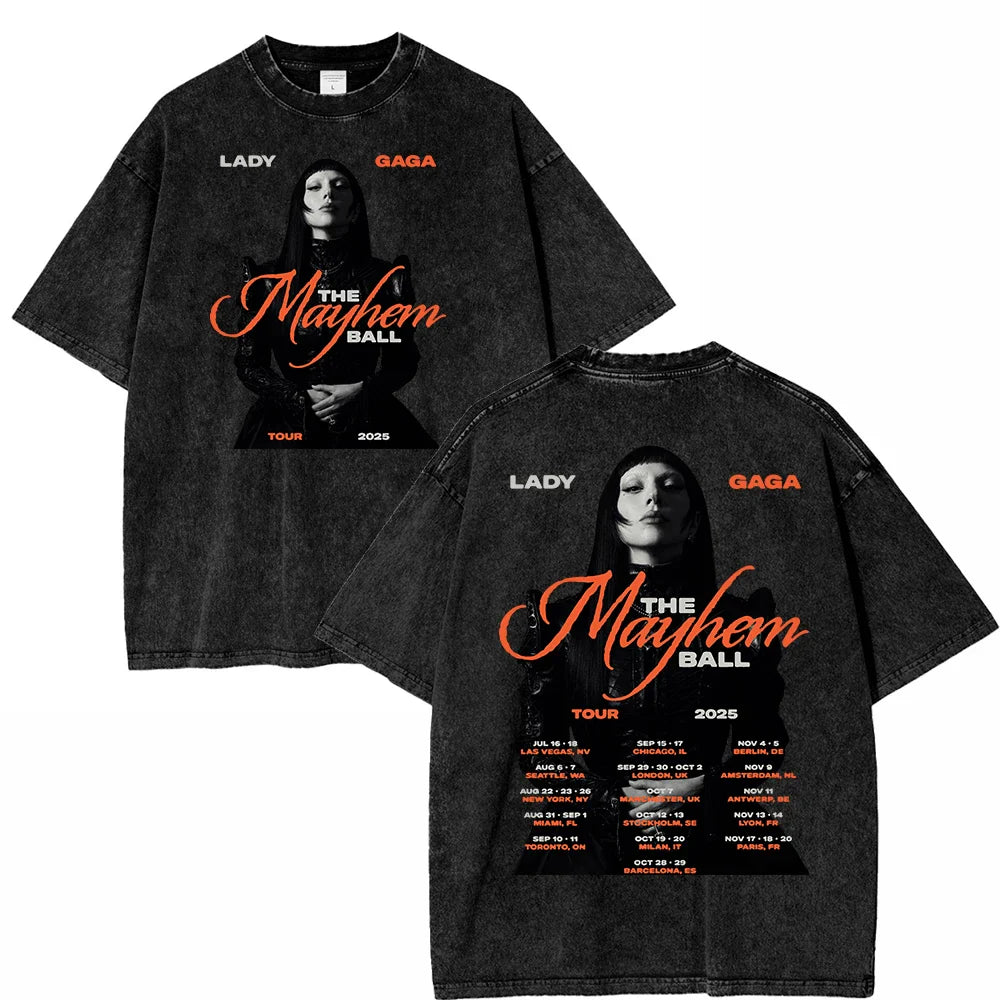 Vintage Washed Lady Gaga The Mayhem Ball Tour 2025 T Shirt Fashion Men/Women Aesthetic High Quality Acid Wash 100% Cotton Tees
