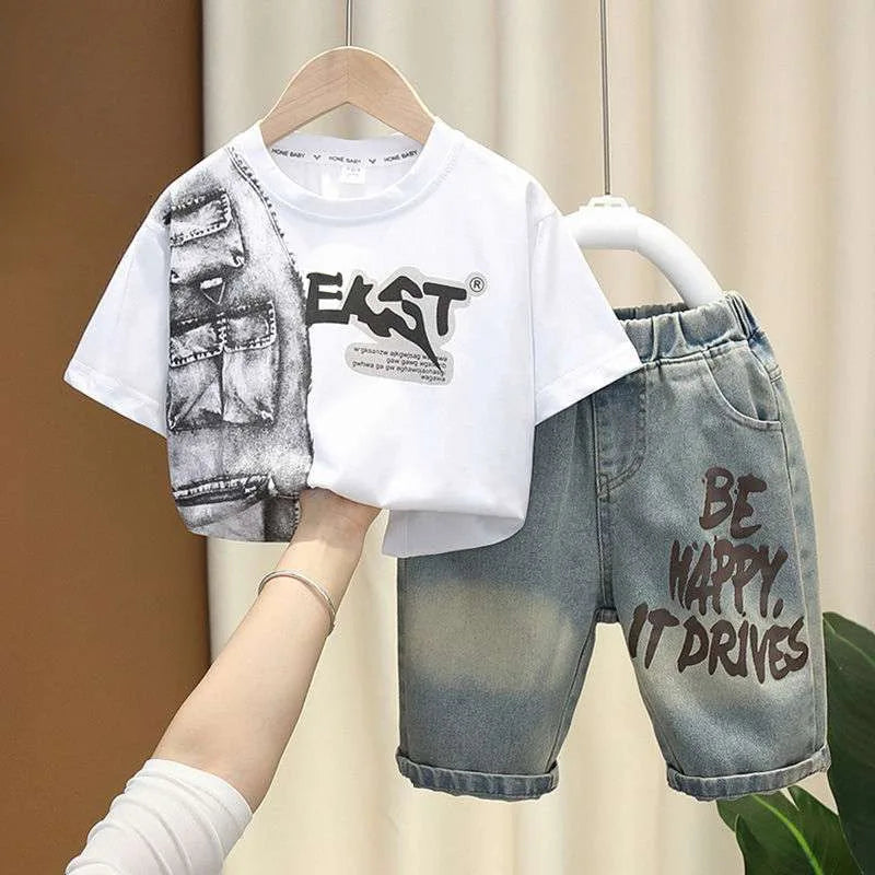 New Summer Casual Boys Clothing Set Handsome Letter Short Sleeve T-shirt + Shorts Jeans Outfit For Kids 2-8 Years Children Suits
