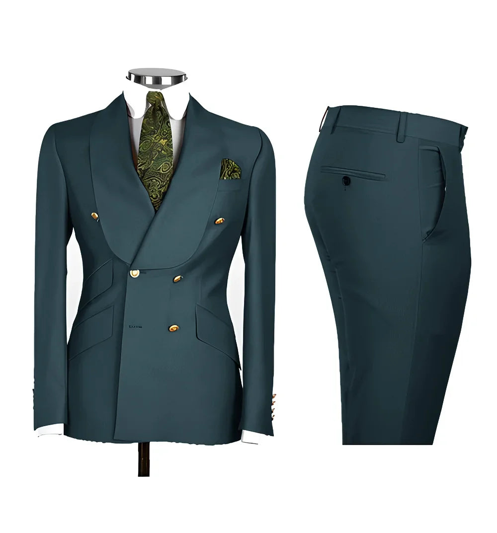 Light Blue Men's Suits Chic Double Breasted Blazer Peak Lapel Elegant Formal Set Male 2 Piece Jacket Pants Wedding Groom Tuxedos