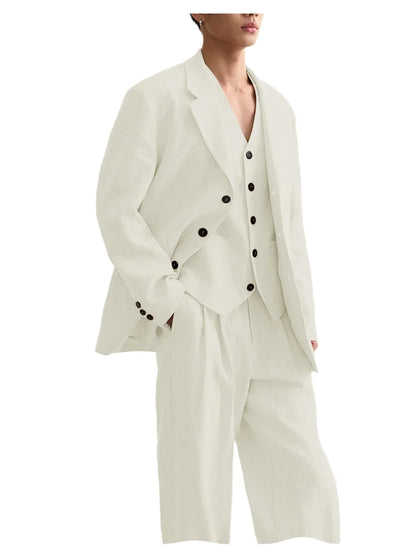Men's Linen Suit Classic Notch Lapel 3 piece(Blazer+Vest+Pants)Breathable Wide Leg Trousers for Groom Spring Summer Party