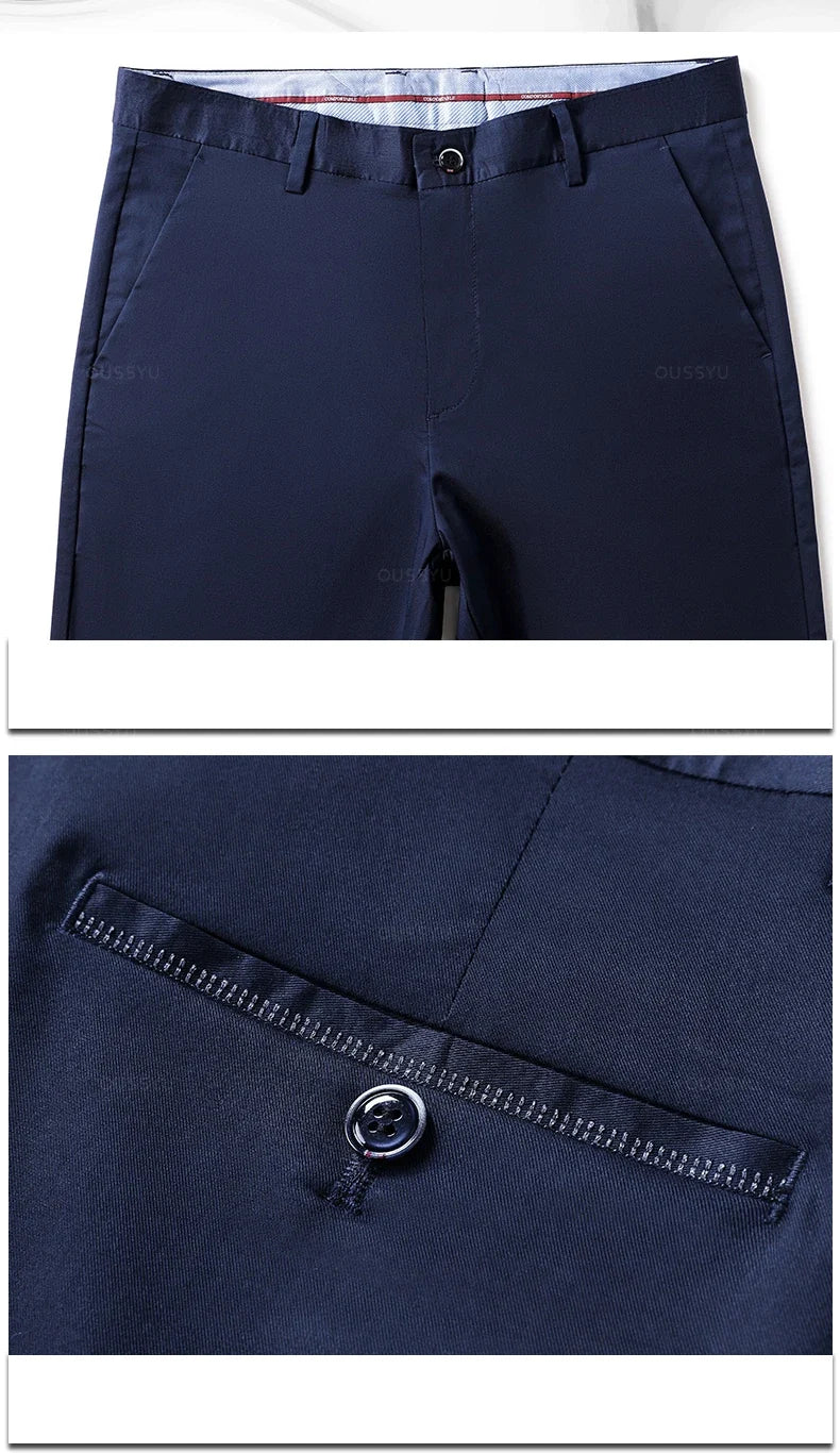 New Summer Cosy Soft Bamboo Fiber Straight Suit Pants Men Business Stretch Thin Navy Blue Casual Trousers Male Large Size 40 42