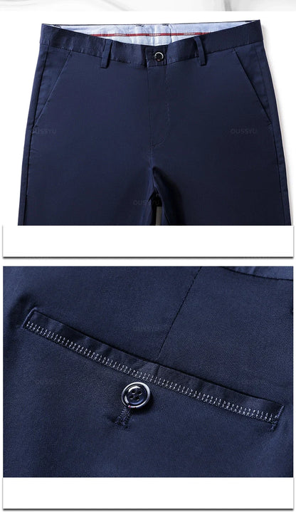New Summer Cosy Soft Bamboo Fiber Straight Suit Pants Men Business Stretch Thin Navy Blue Casual Trousers Male Large Size 40 42
