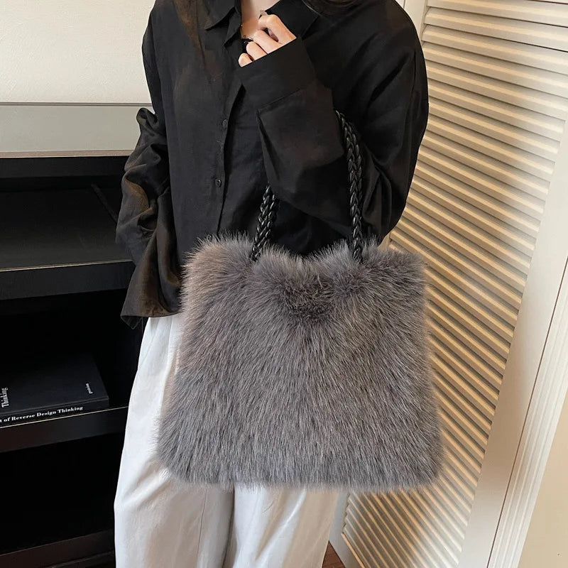 Fashion Women Furry Shoulder Bag Large Capacity Tote Handle Bag for Autumn Winter Outing Commuter Texture Versatile Storage Bags