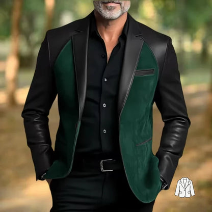 Retro Men's Faux Suede Jacket with PU Leather Collar & Shoulder 2 Buttons Two-Tone Blazer Contrast Trim Coat