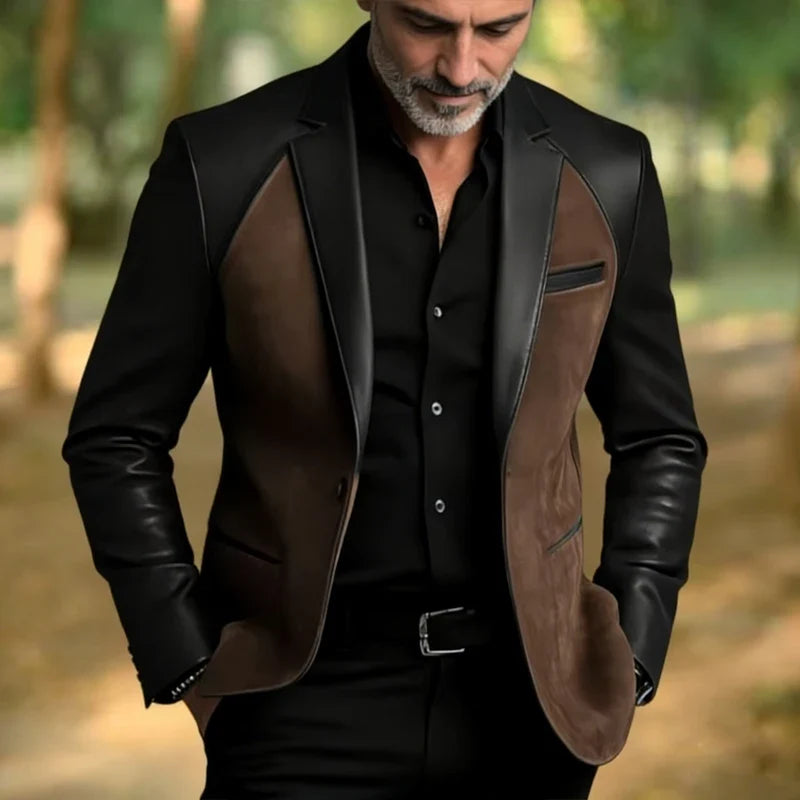 Retro Men's Faux Suede Jacket with PU Leather Collar & Shoulder 2 Buttons Two-Tone Blazer Contrast Trim Coat