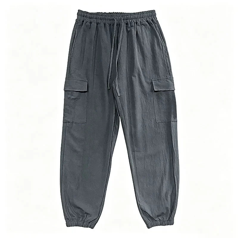 Men's Cotton Linen Blend Cargo Jogger Pants Elastic Waist Drawstring Multi Pockets Casual Breathable Streetwear Trousers for Men