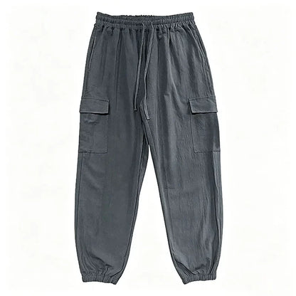 Men's Cotton Linen Blend Cargo Jogger Pants Elastic Waist Drawstring Multi Pockets Casual Breathable Streetwear Trousers for Men