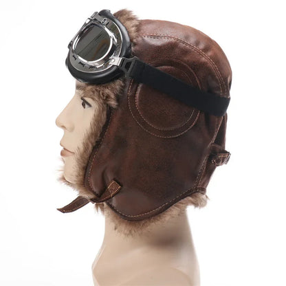 Men Winter Bomber Hat With Goggles Outdoor Motorcycle Windproof Warm Faux Fur Pilot Earflap Hat Leather Thermal Ushanka