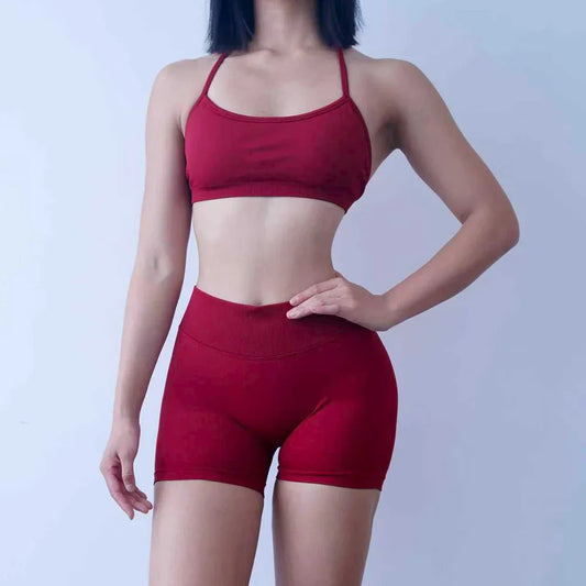 New Women's Seamless Workout Sets Thin Strap Back Sports Bra & 3-Inch Shorts, Quick Dry Gym Yoga Outfits