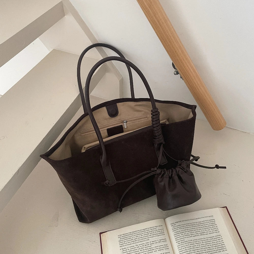 Vintage Large Capacity Suede Tote Bag Designer Trapeze Shoulder Bags for Women Luxury Genuine Leather Handbag and Purse 2026