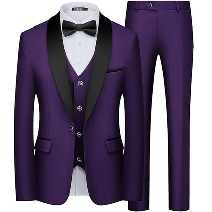 Men's 3 Pieces Shawl Collar Suits Blazer Vest Pants Slim Fit Tuxedo Suit Set One Button Formal  Jacket for Wedding Prom Party