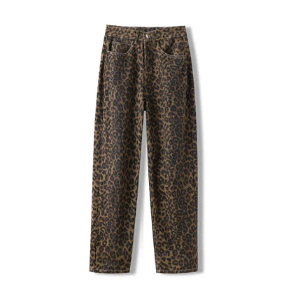 High Waisted Leopard Print Jeans for Women Y2k Retro Streetwear Denim Pants Hip Hop Straight Wide Leg Baggy Jeans