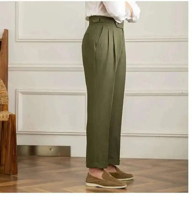Linen Cotton High Waist Straight Casual Pants Men Versatile Naples Gentleman Pleated Pants High Quality Italian Dress Trousers