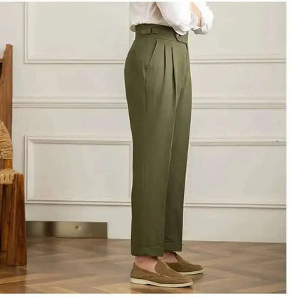 Linen Cotton High Waist Straight Casual Pants Men Versatile Naples Gentleman Pleated Pants High Quality Italian Dress Trousers