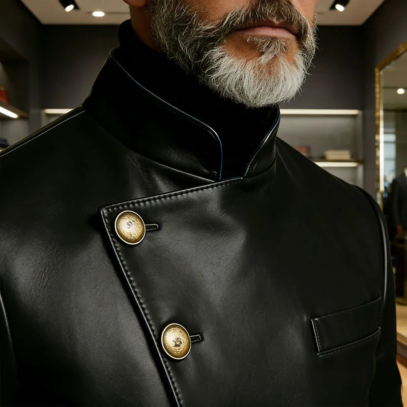 Vintage Men's PU Leather Blazer Slim Fit Double Breasted Stand Collar Jacket Gold Button Business Casual Wedding Prom Suit Coat