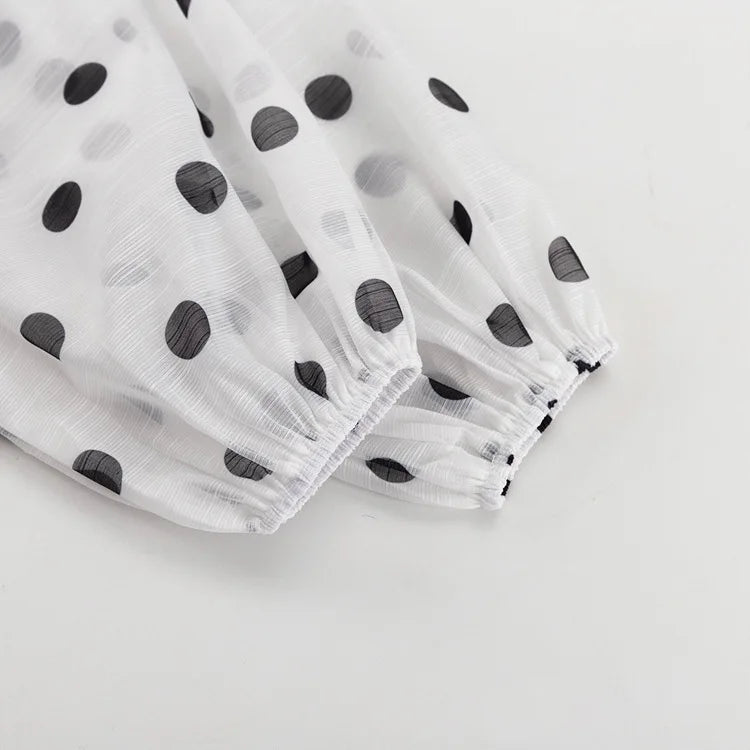 Ticketsx Polka Dot Ruffled Shirts Fashion Contrast Lace Up See Through Button Blouse Top Elegant Party High Street Women Shirt
