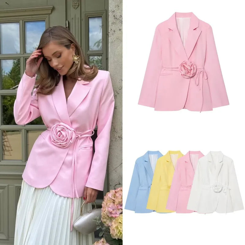 Women Notched Lapel Blazer with Floral Rose Belt Waist Tie Slim Long Sleeve Suit Jacket