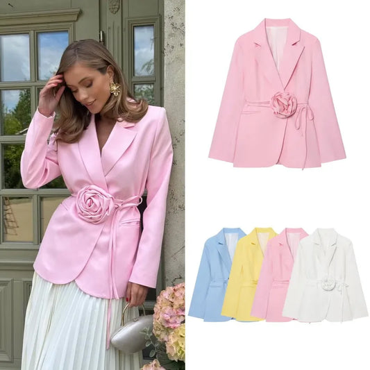 Women Notched Lapel Blazer with Floral Rose Belt Waist Tie Slim Long Sleeve Suit Jacket