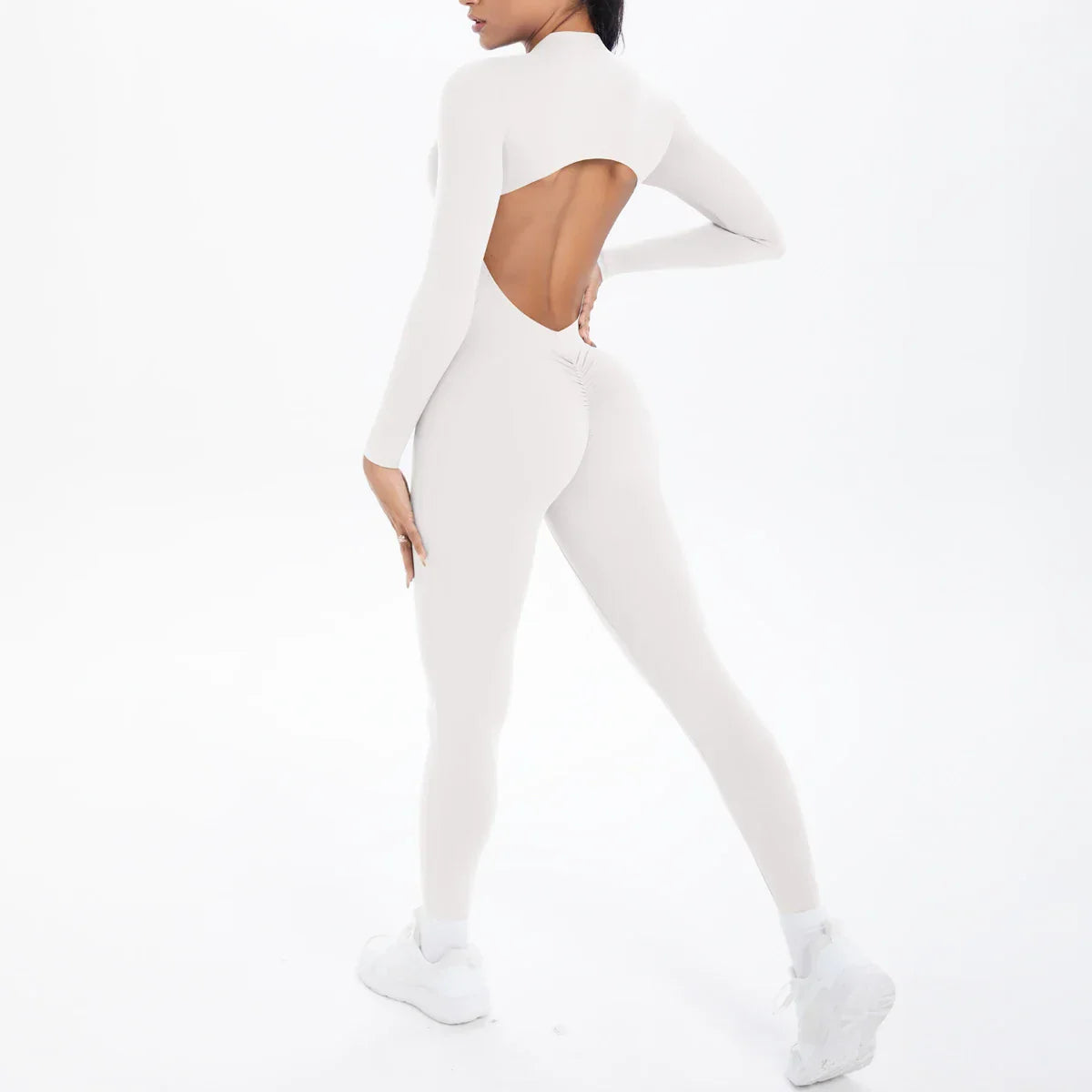 Solid Color Bodysuits for Woman's Backless Long Sleeved Zipper Yoga Jumpsuits High Dtrength Workout Sports Fitness Clothing Set