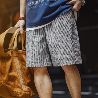 Casual Seersucker Checked Shorts Men's Summer Breathable Office Shorts Elastic Waist Pants Straight Leg Comfortable Bottom