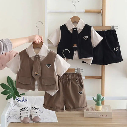 Children Baby Boys Clothes Outfits Sets Summer Kids Gentleman Tie Patchwork Vest T-Shirt 2pcs/Set Toddler Kids Clothing Sets