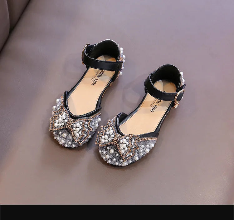 Cute Rhinestone Decorated Girls Shoes, Sweet Princess Style Flats for Wedding & Party, Soft Leather Children’s Dress Sandals