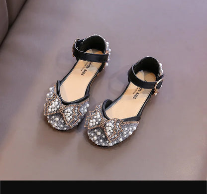 Cute Rhinestone Decorated Girls Shoes, Sweet Princess Style Flats for Wedding & Party, Soft Leather Children’s Dress Sandals
