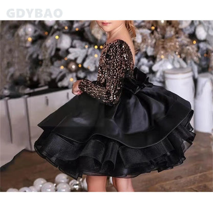 Gold Sequin Black Flower Girl Dress Long Sleeves Backless Scoop Neck Ruffles Tiered Girl's Party Gown Christmas Pageant Dresses