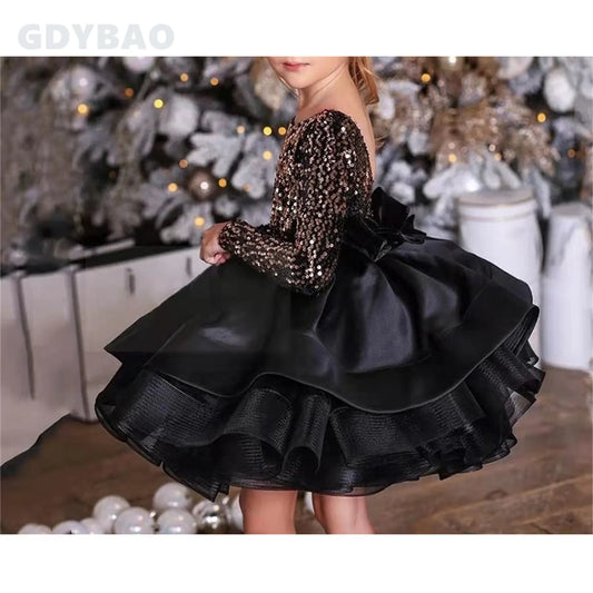 Gold Sequin Black Flower Girl Dress Long Sleeves Backless Scoop Neck Ruffles Tiered Girl's Party Gown Christmas Pageant Dresses