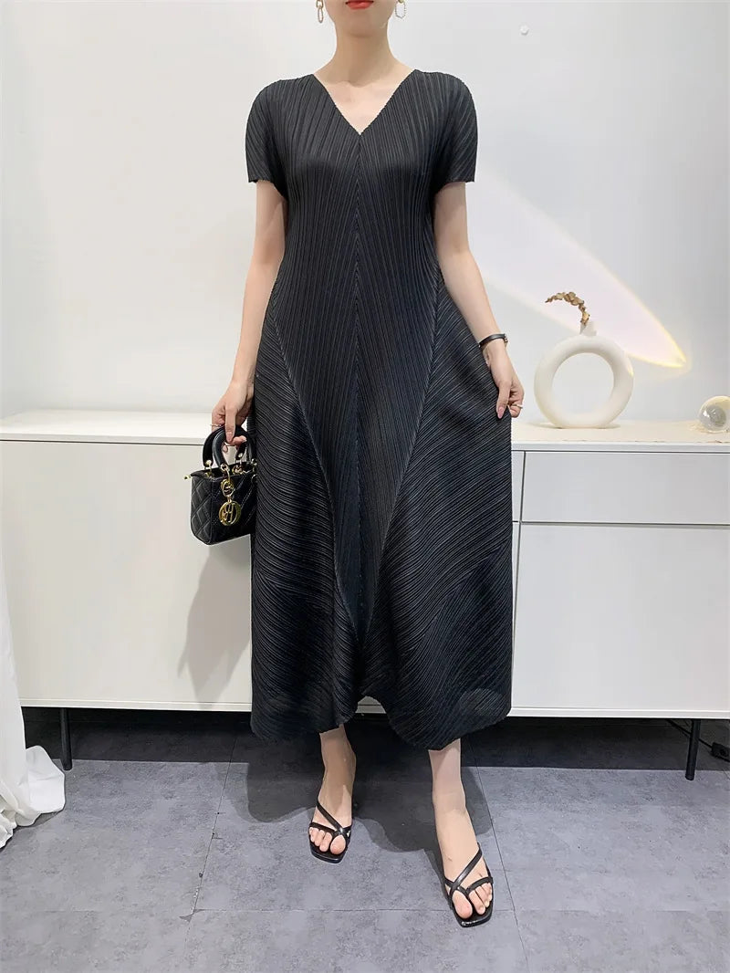 Miyake Bud Elegant Dresses for Women 2024 Autumn New Pleated Casual Fashion Solid Color Party Formal Occasion Dresses