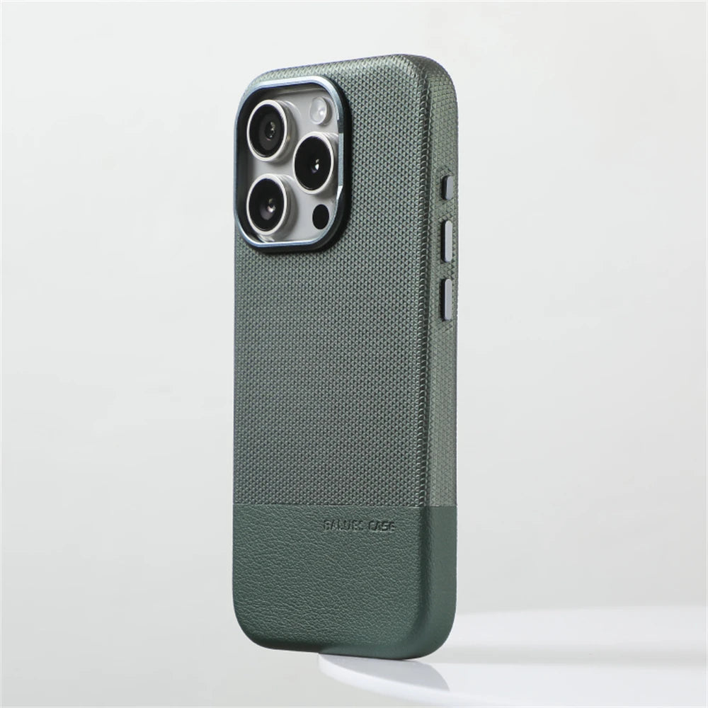 Luxury Business Hit Color Relief Leather Magnetic Case For iPhone 17 Air 16 15 14 13 Pro Max MagSafe Shockproof Alloy Lens Cover