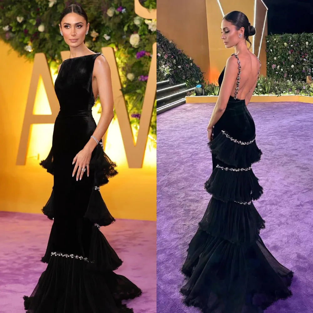 Customized High Quality Floor Length Sleeveless Tiered Backless Beaded Thin Suspeders Formal Dress Women Elegant Cocktail Dress