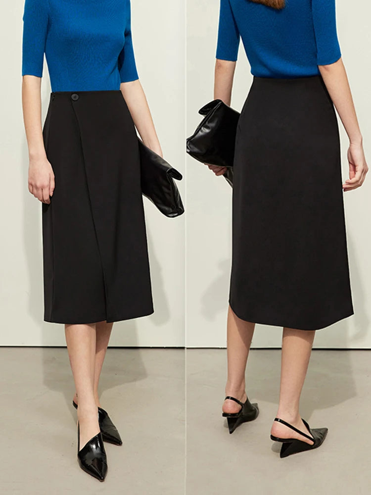 Minimalism Women Skirts 2024 Spring New Asymmetric Lap Piece A-line Solid Trendy Commuter Mid-Calf Skirt For Lady 12421040