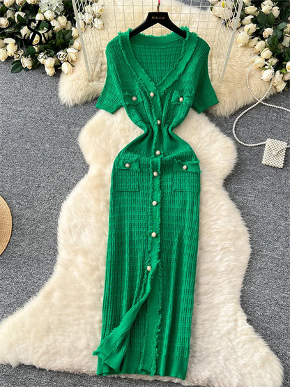 High Quality Elastic Knitted Long Sundress Women Short Sleeves Button Design Office Lady Vintage Split Slim Dress
