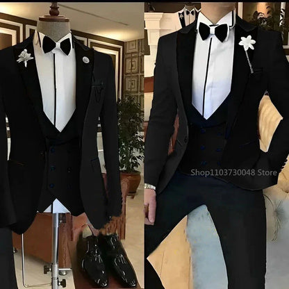 Solid Men's 3 Pieces Suit One Button Peak Lapel Jacket Vest Trousers Dinner Wedding Groom Tuxedos Slim Fit Formal Business Suits