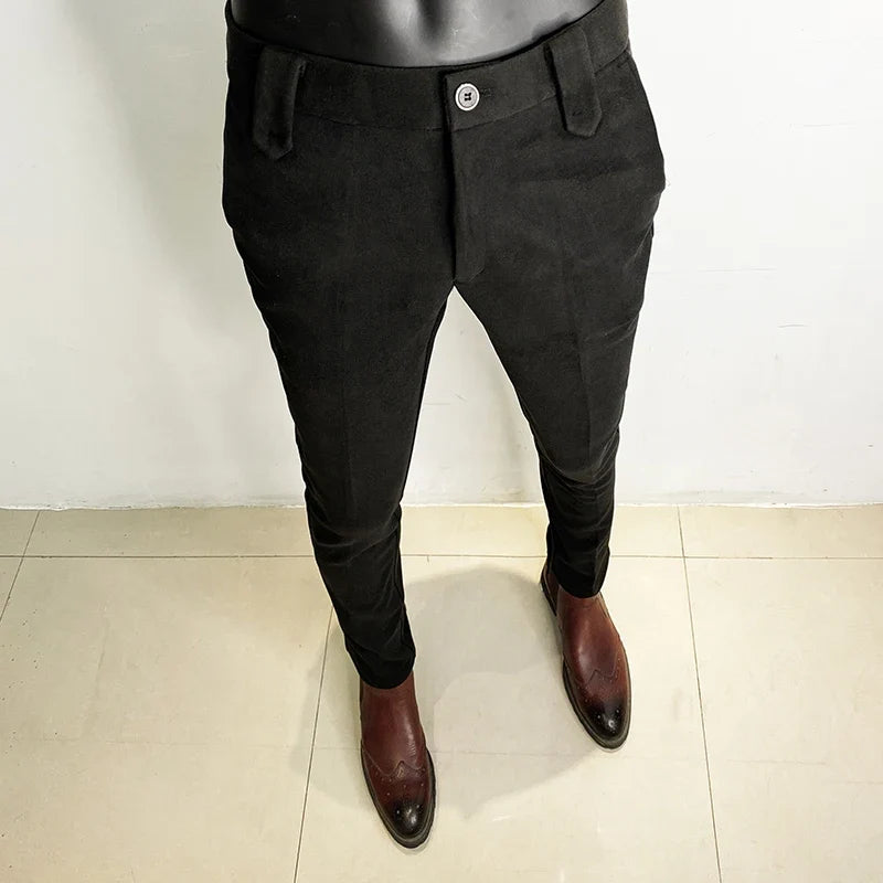 Autumn Winter Thickened Woolen Men Suit Pants New Solid Keep Warm Casual Slim Straight Pant Business Office Social Dress Pants