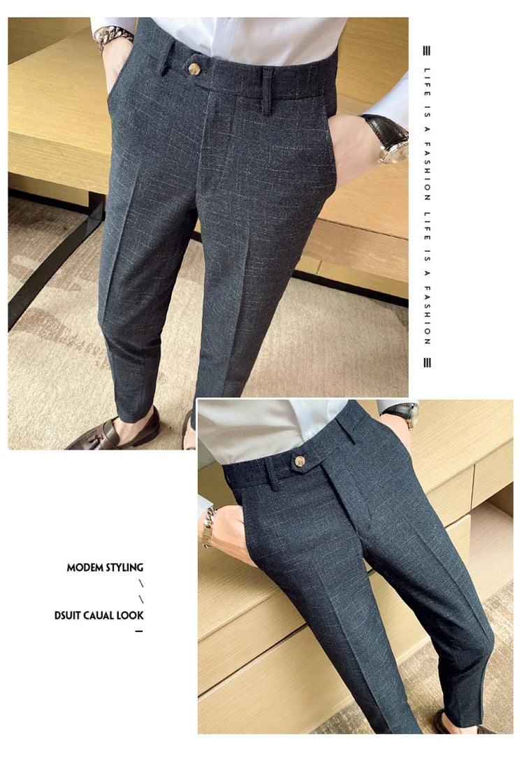 Boutique Classic Plaid and Striped Fashion Men's Casual Business Slim Suit Pants Groom Wedding Dress Trousers Party
