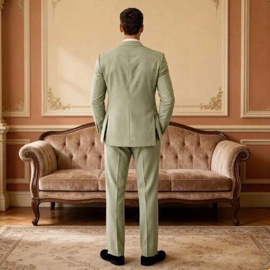 Mens Sage Green Double Breasted 2 Pieces Summer Wedding Suit Tailored Slim Fit Groom Formal Flap Pockets Beach Prom Office Wear