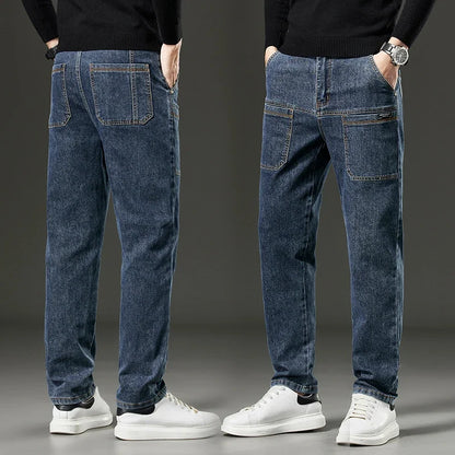 6 Pocket Design Denim Jeans Men's 2025 New High Elasticity Denim Casual Trousers Straight Male Pants Fashion Mid-waist Jeans