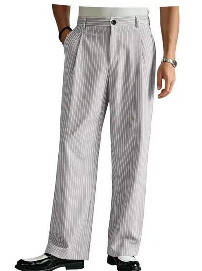 Vintage Men Pants Thin Slacks Business Striped Trousers High Waist Pleated Wide Leg Loose Straight Casual Office Wedding
