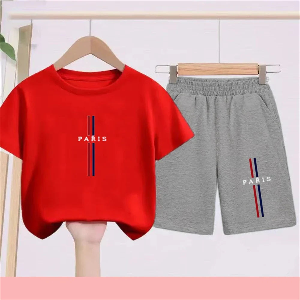 Summer Short Sleeve Children Age 3-12 Girls Boy Set White Black Tshirt+Shorts 2pcs Leisure Kids PARIS Brand Print Set