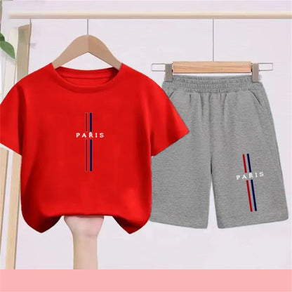 Summer Short Sleeve Children Age 3-12 Girls Boy Set White Black Tshirt+Shorts 2pcs Leisure Kids PARIS Brand Print Set