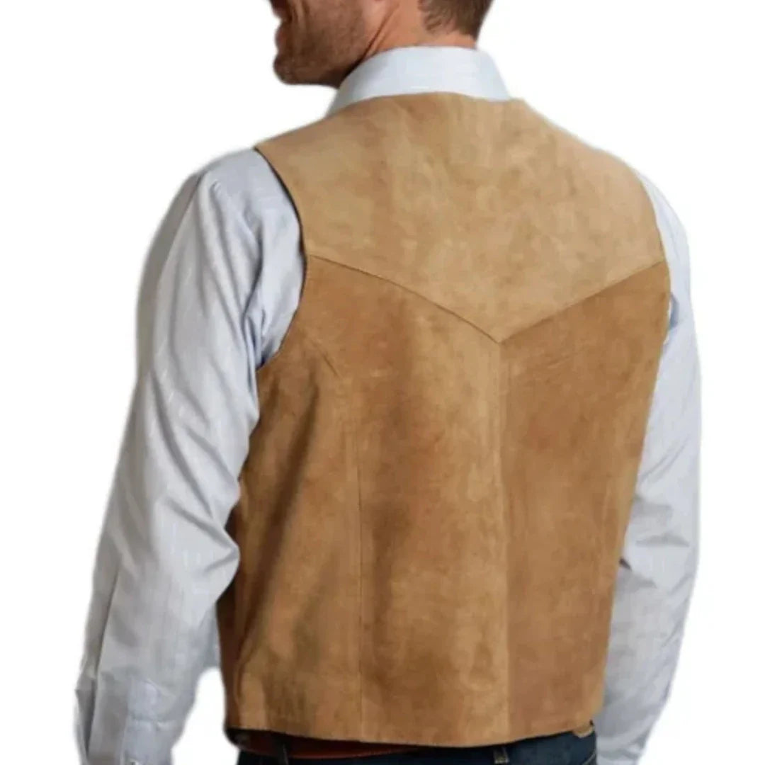Men Vest Gold Suede Leather Gentleman Business Waistcoat Vintage Western Cowboy Regular Slim Business Banquet Men Suit Vest