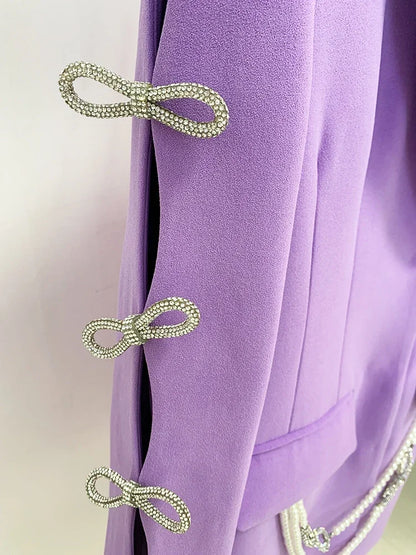 HIGH STREET Newest 2026 Designer Stylish Fashion Women's Pearls Chain Diamonds Beaded Hollow Out Bow Sleeve Blazer Dress