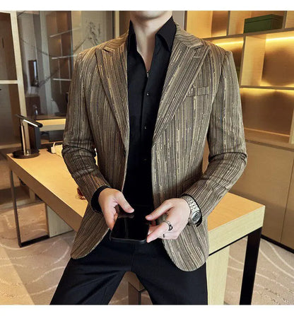 Fashion Meteor Line Checkered Elegant Suit Jacket Men Fashion De Luxe Business Slim Fit Single Breasted Social Party Dress Coats