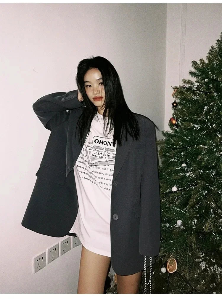 Women's Black Suit Jacket Long Sleeve Blazer Korean Fashion Back Split Office Blazer Ladies Loose Coat